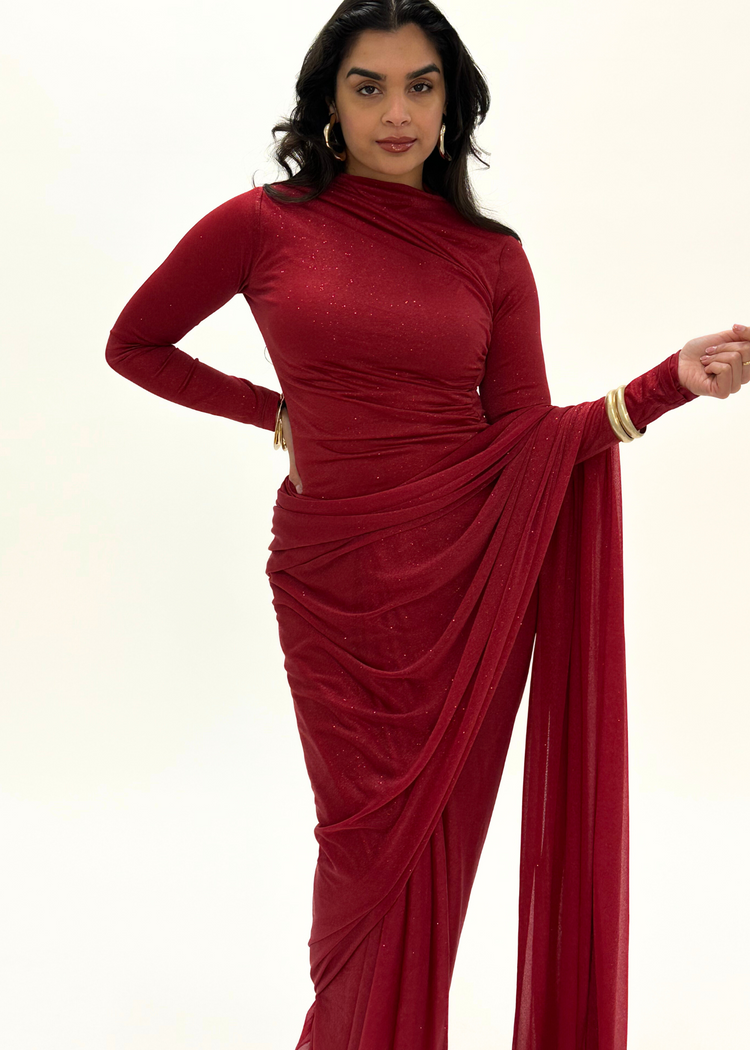 Maroon glitter saree long sleeve (MADE TO ORDER)