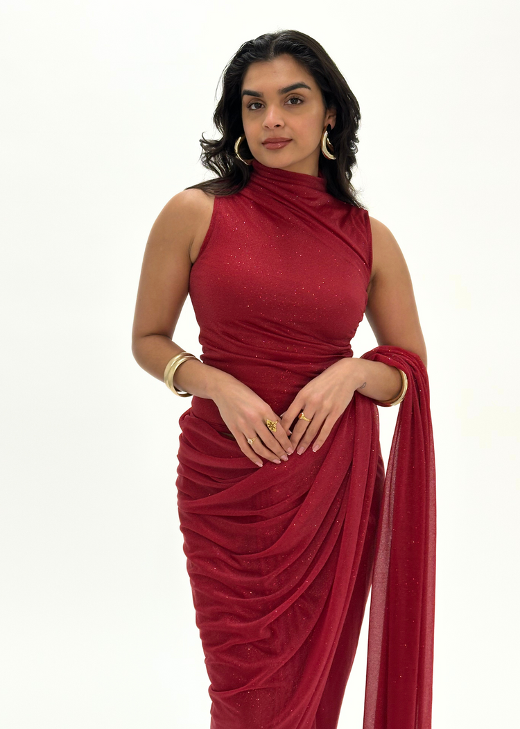 Maroon glitter saree sleeveless (MADE TO ORDER)
