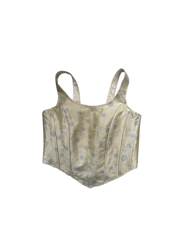 yellow and blue brocade corset