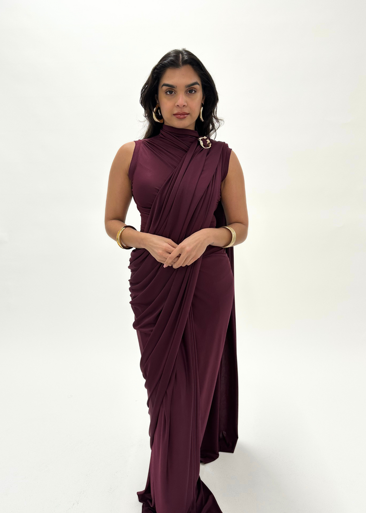Wine ready made saree sleeveless (MADE TO ORDER)