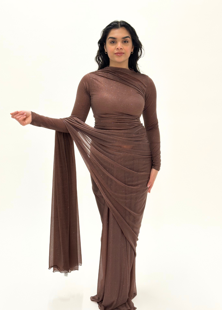 Brown glitter saree long sleeve (MADE TO ORDER)