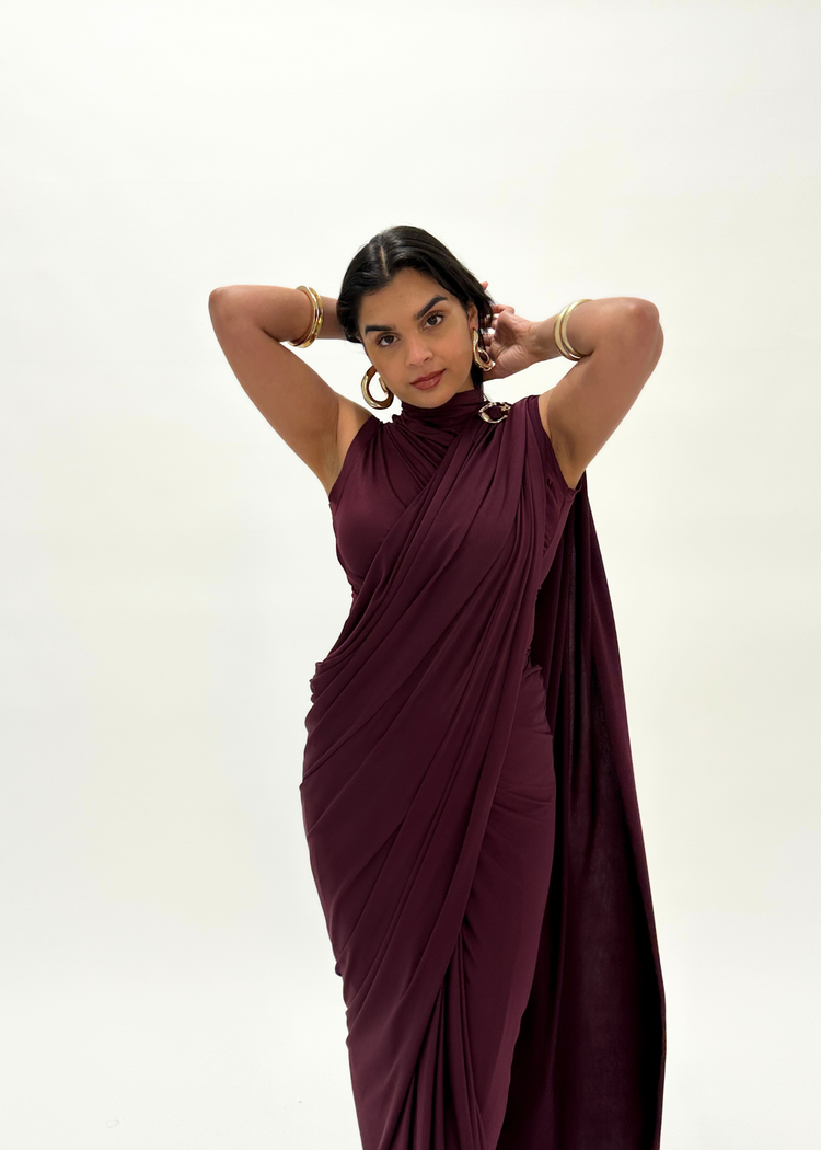 Wine ready made saree sleeveless (MADE TO ORDER)