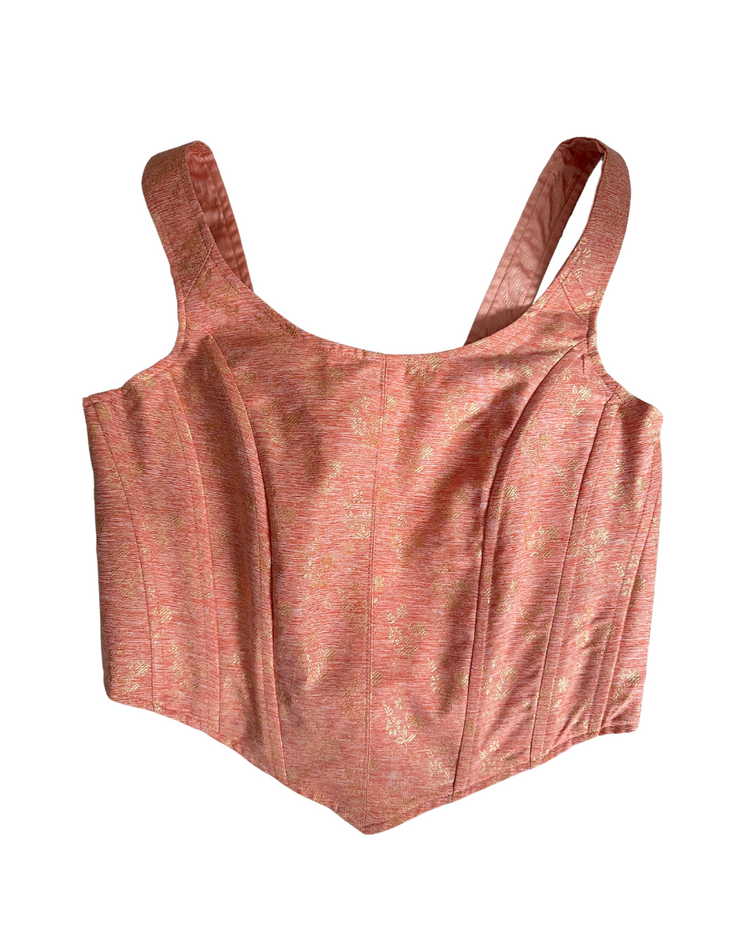 coral and gold brocade corset