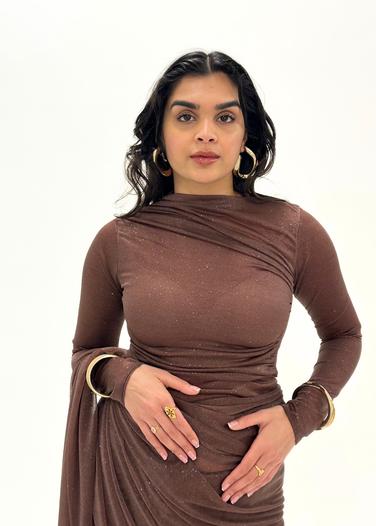 Brown glitter saree long sleeve (MADE TO ORDER)