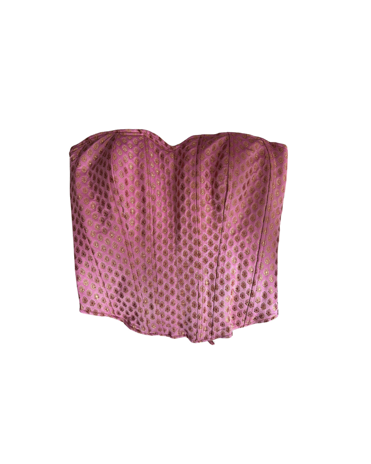 strapless pink print brocade corset