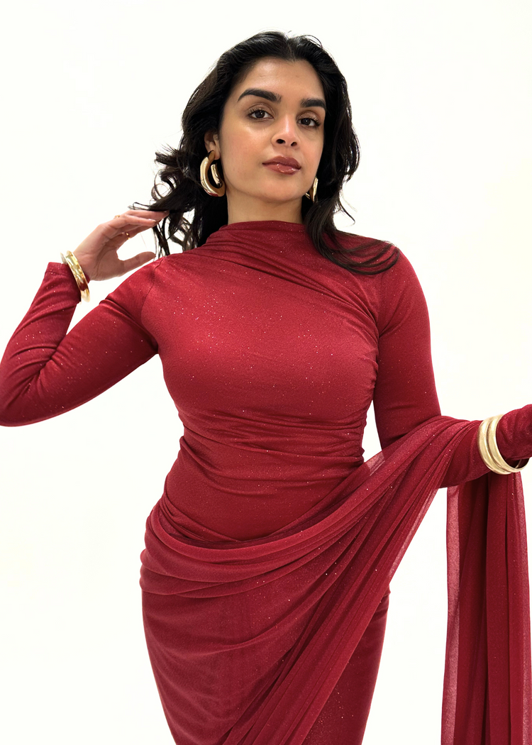 Maroon glitter saree long sleeve (MADE TO ORDER)