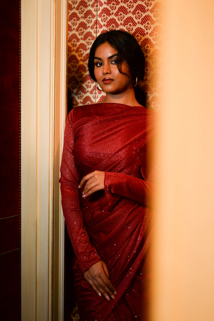 GLITTER SAREE LONG SLEEVE MAROON