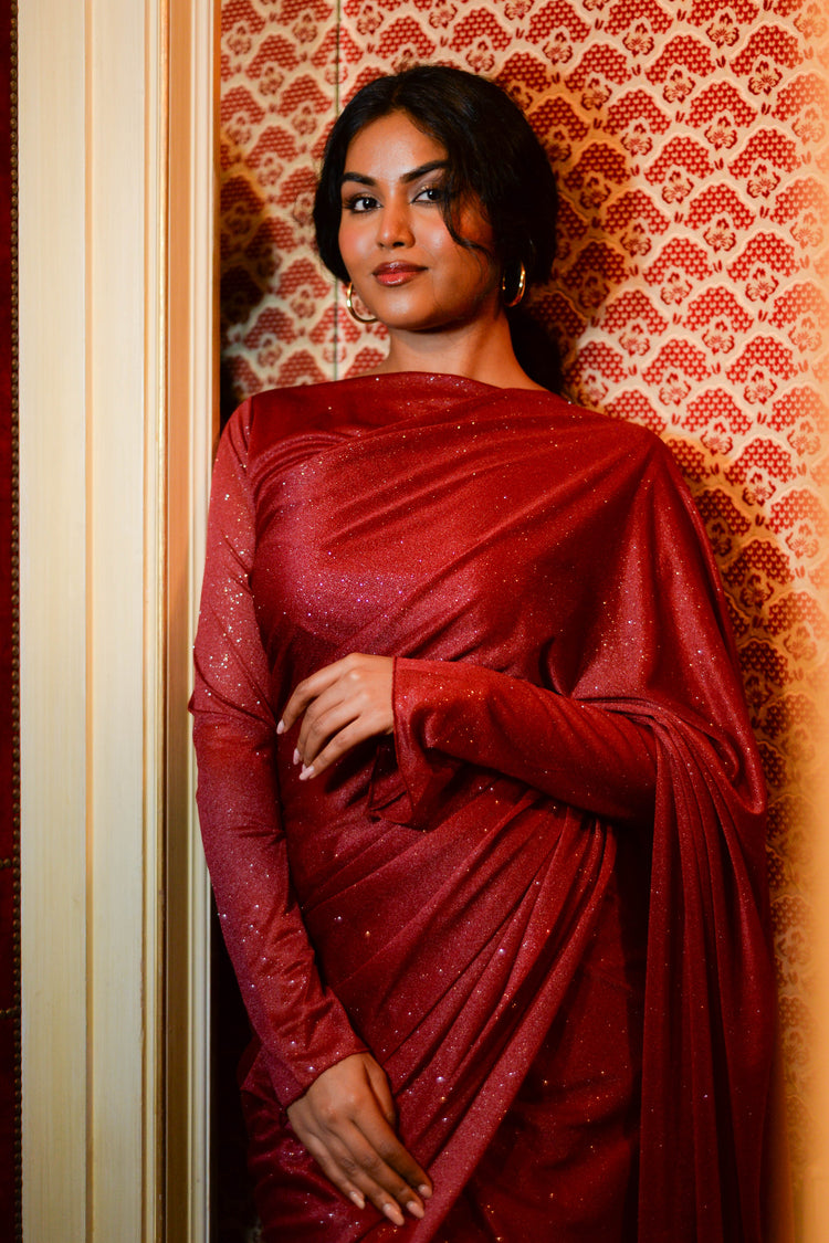 GLITTER SAREE LONG SLEEVE MAROON