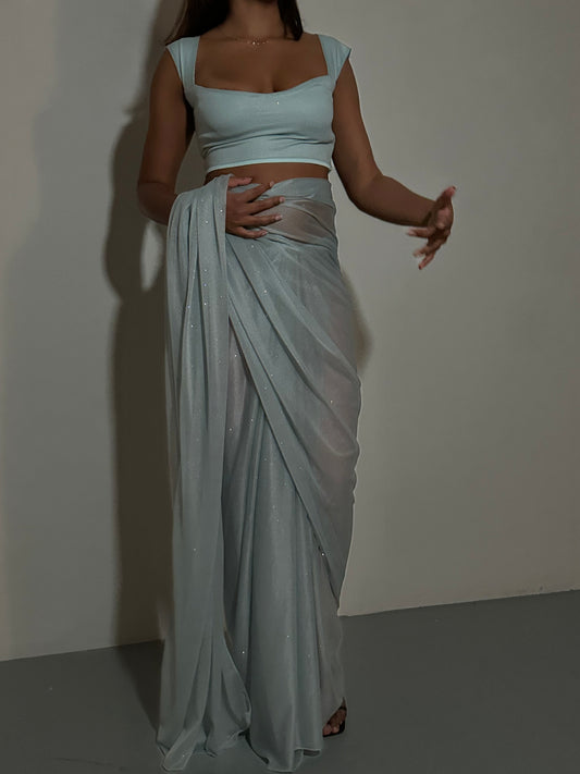 GLITTER SAREE SWEETHEART TOP LIGHT BLUE