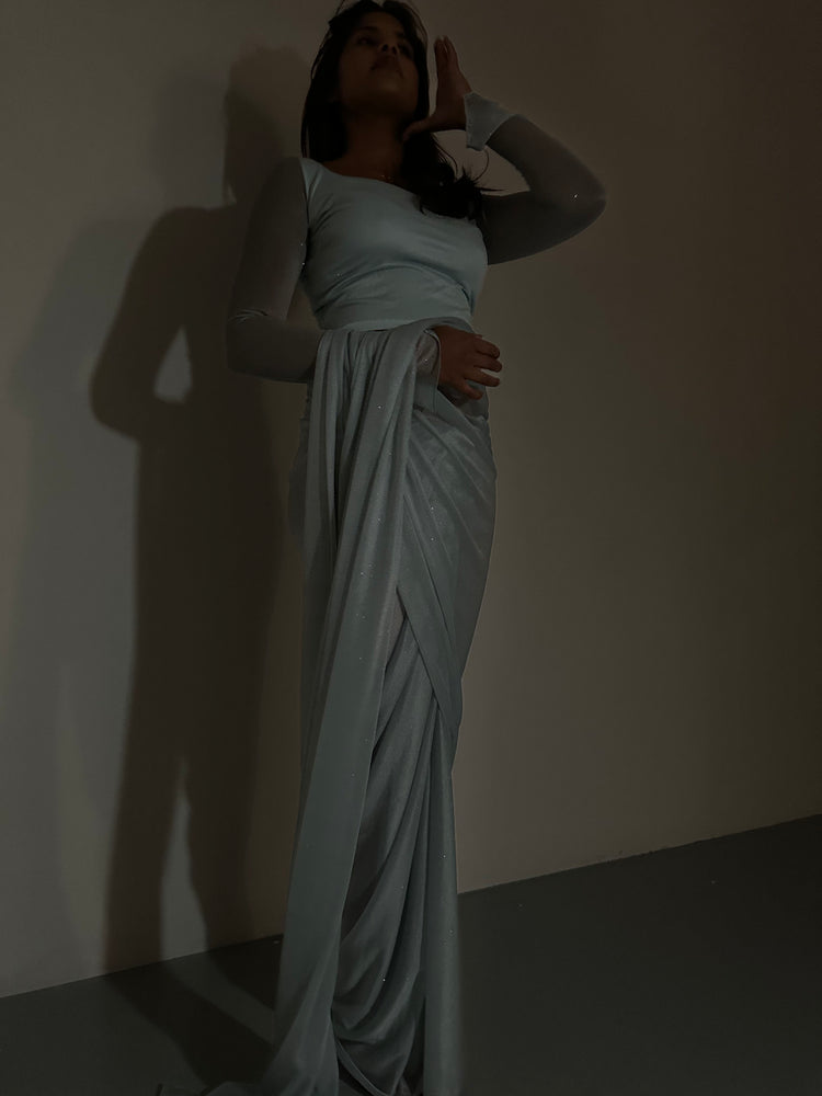 GLITTER SAREE LONG SLEEVE LIGHT BLUE