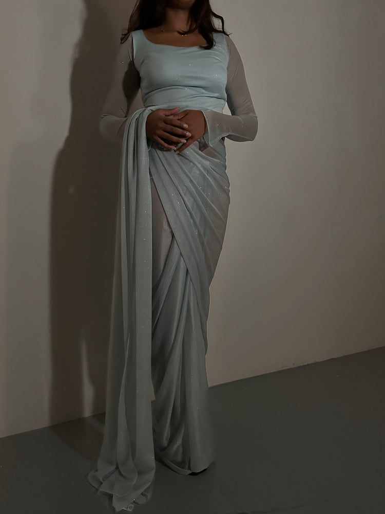GLITTER SAREE LONG SLEEVE LIGHT BLUE