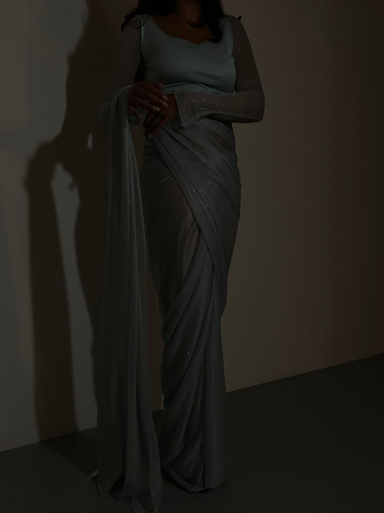 GLITTER SAREE LONG SLEEVE LIGHT BLUE
