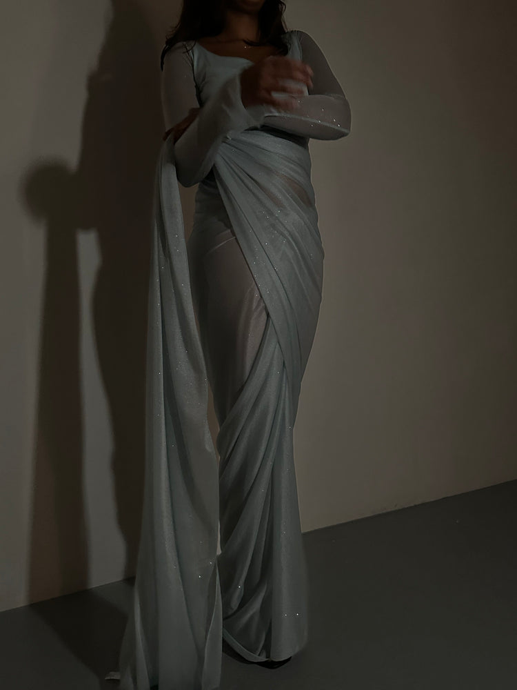 GLITTER SAREE LONG SLEEVE LIGHT BLUE