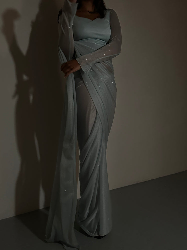 GLITTER SAREE LONG SLEEVE LIGHT BLUE