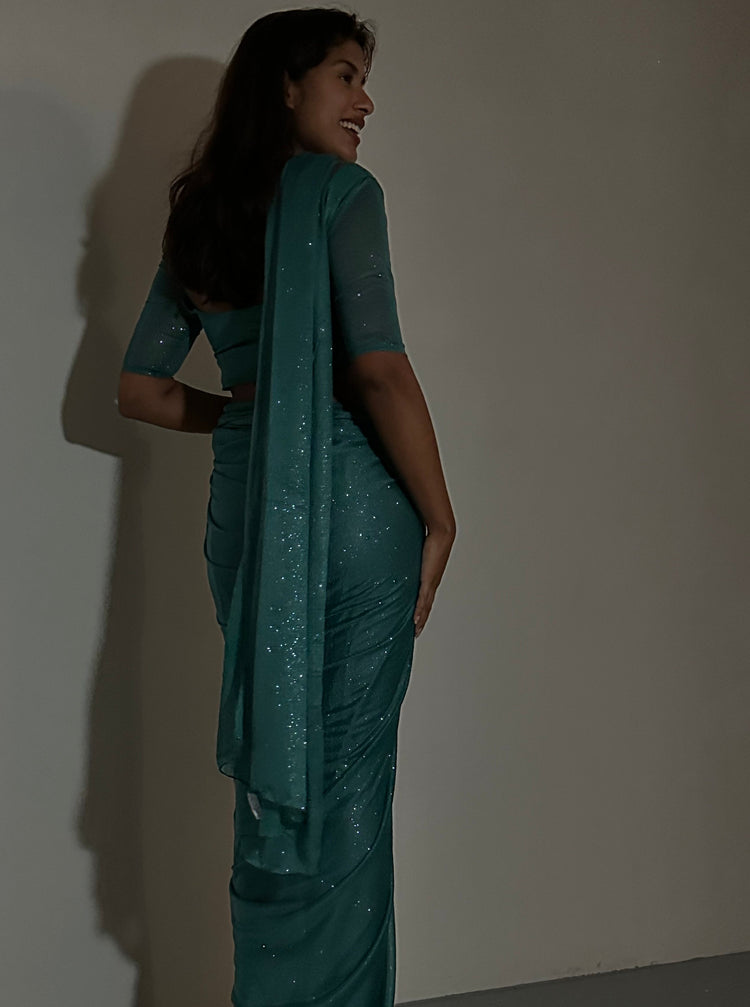 GLITTER SAREE HALF SLEEVE TOP GREEN