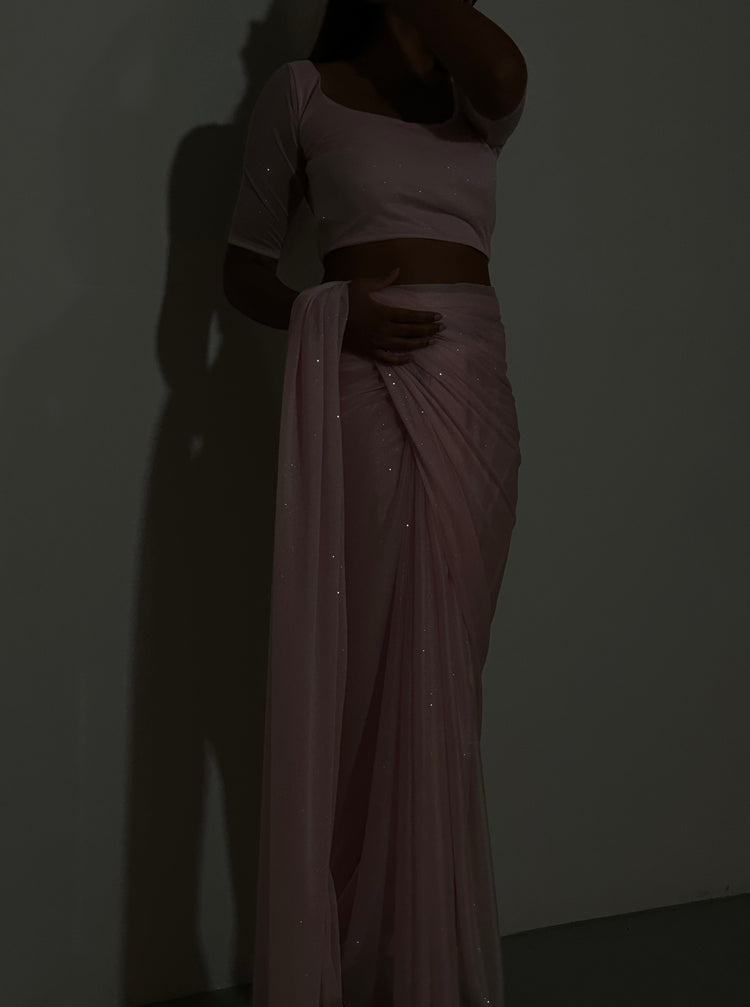 GLITTER SAREE HALF SLEEVE TOP LIGHT PINK