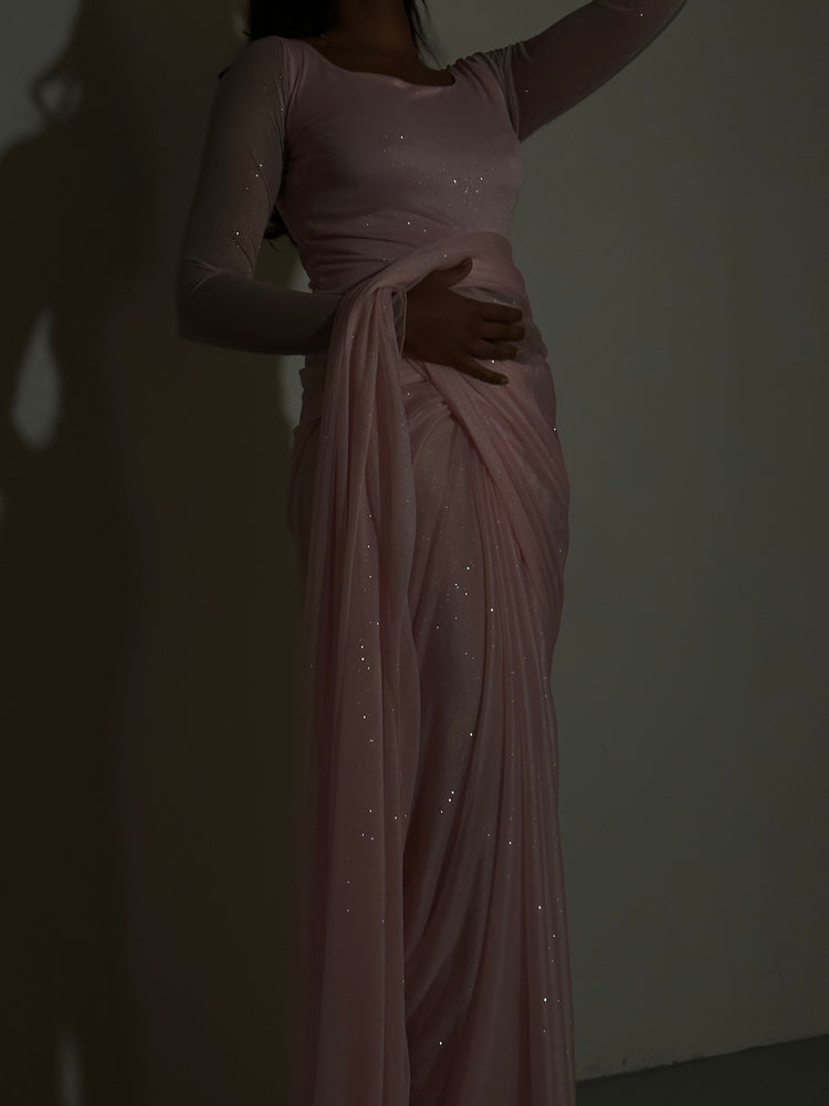 GLITTER SAREE LONG SLEEVE LIGHT PINK