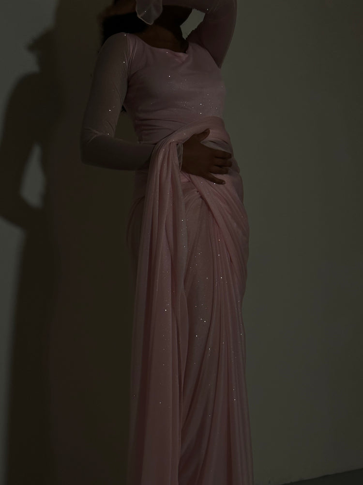 GLITTER SAREE LONG SLEEVE LIGHT PINK