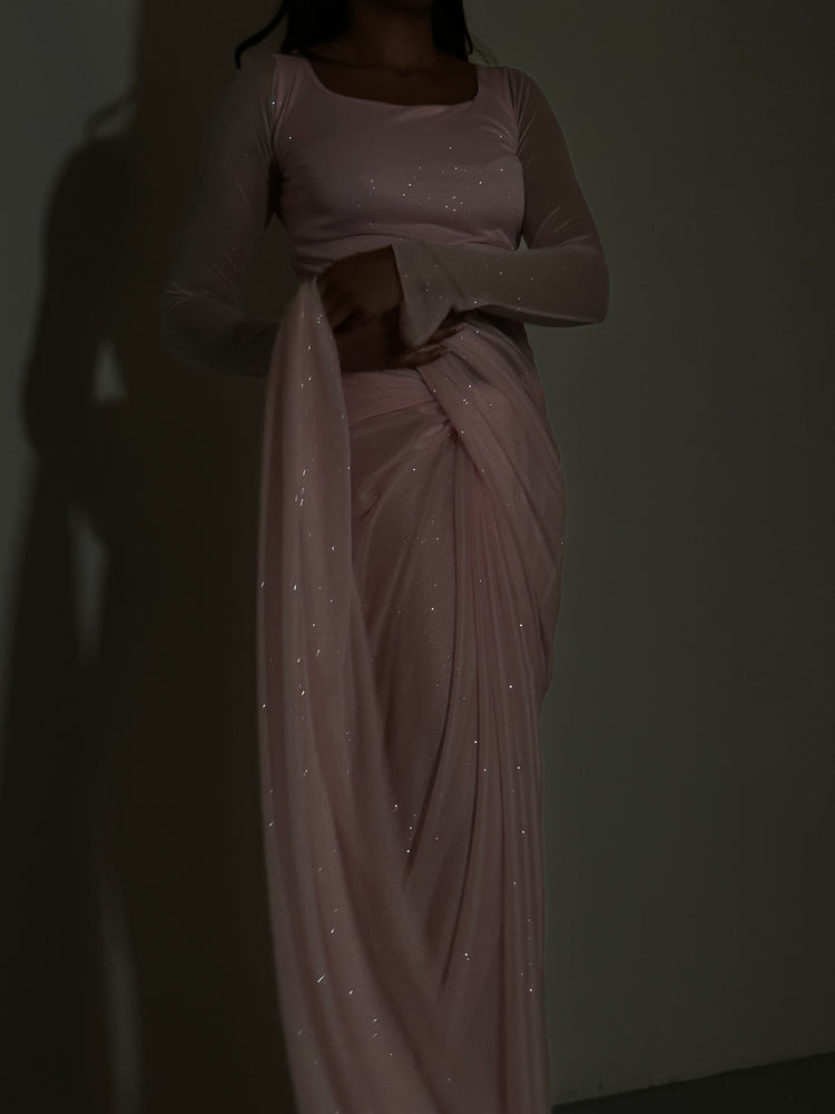 GLITTER SAREE LONG SLEEVE LIGHT PINK