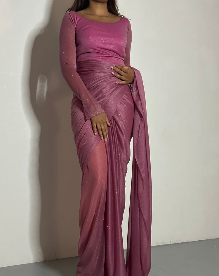 GLITTER SAREE LONG SLEEVE MAUVE