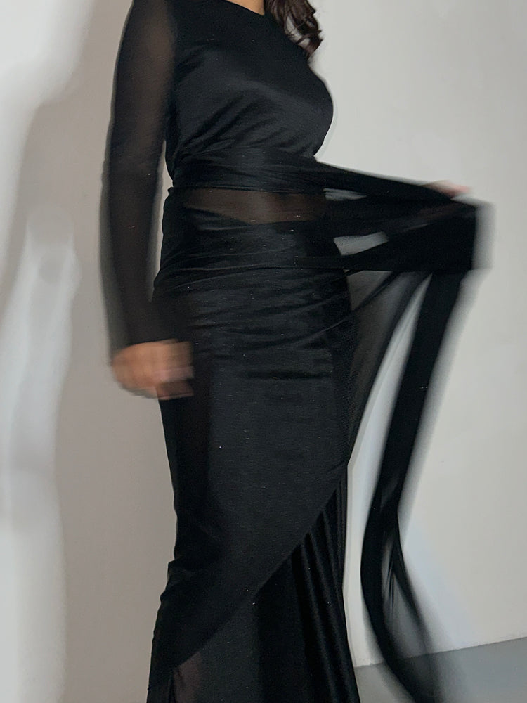 GLITTER SAREE LONG SLEEVE BLACK