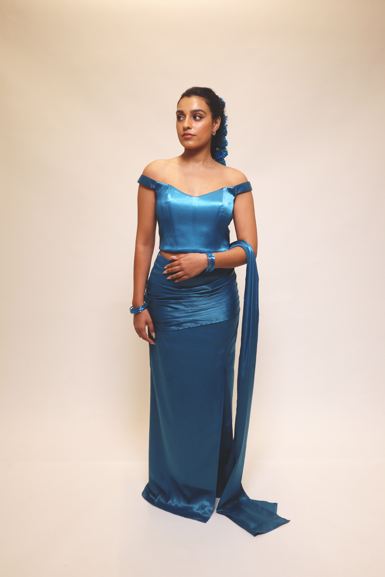 Turquoise Saree Drape Pleated Skirt