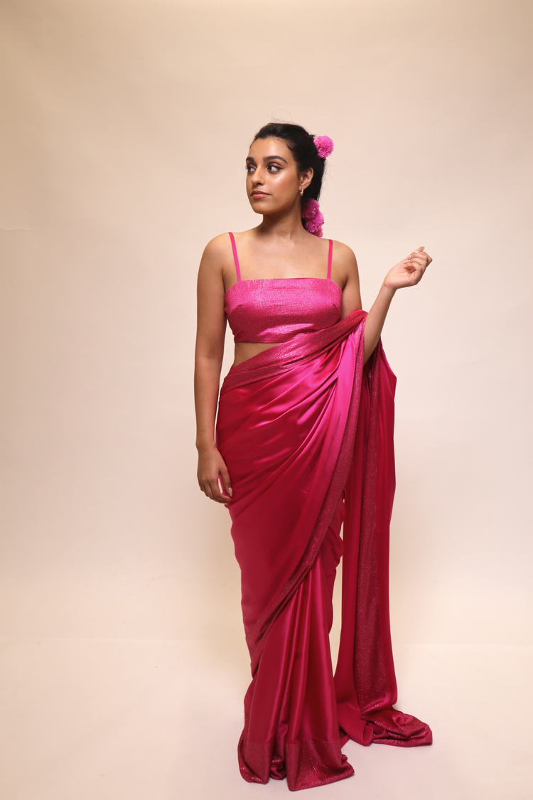 Magenta hotfix pre pleated saree - Premium Range