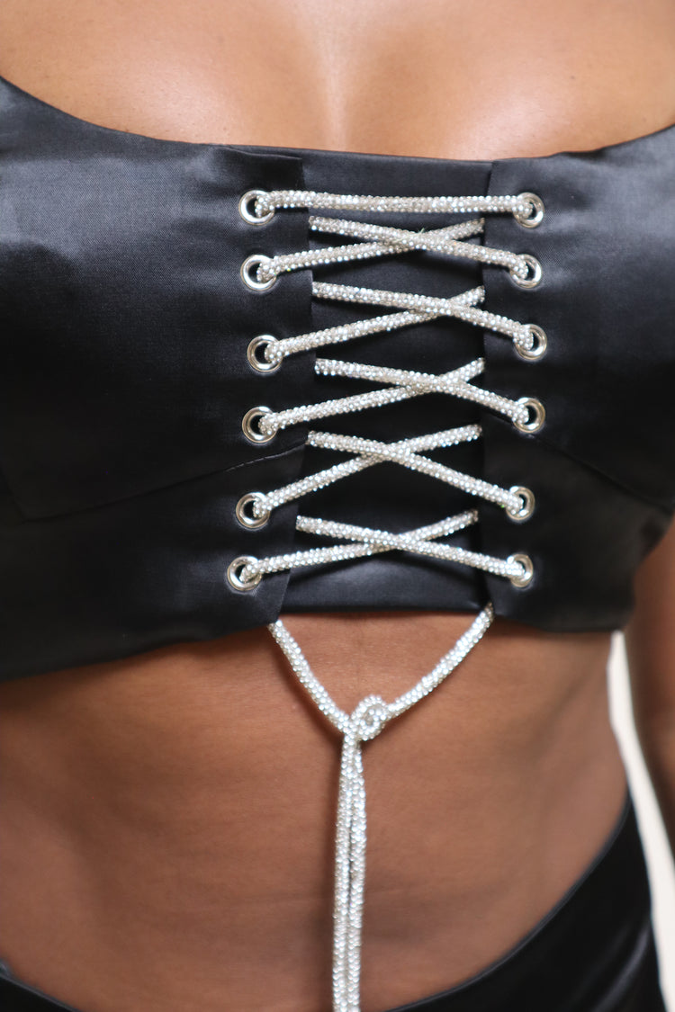Diamante Tie Crop Top Black Co-Ord