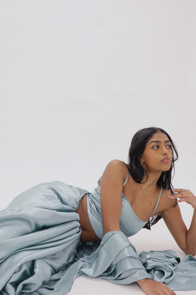 SATIN SAREE AND TOP LIGHT BLUE