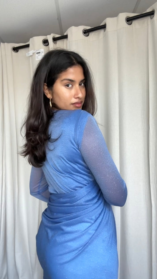 GLITTER SAREE LONG SLEEVE BLUE