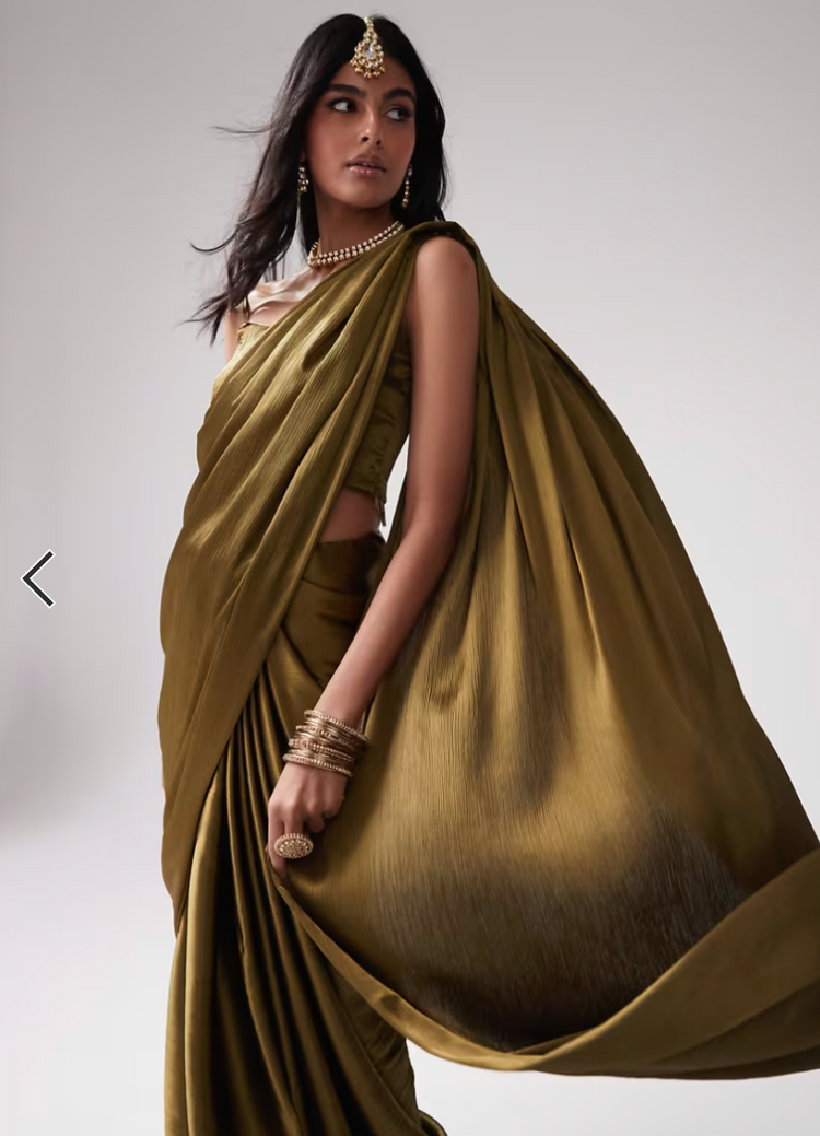 OLIVE GREEN SPAGHETTI STRAP TOP AND SAREE