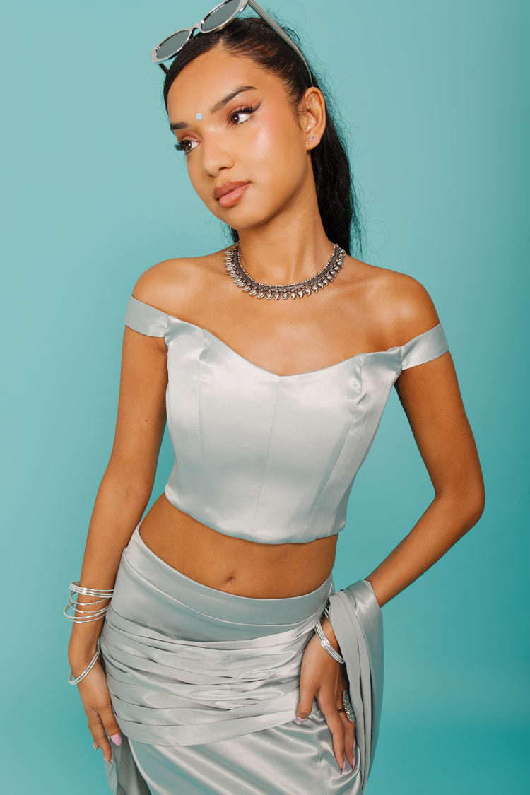 OLIVE STRETCH SATIN MAXI SKIRT WITH DRAPE FEATURE