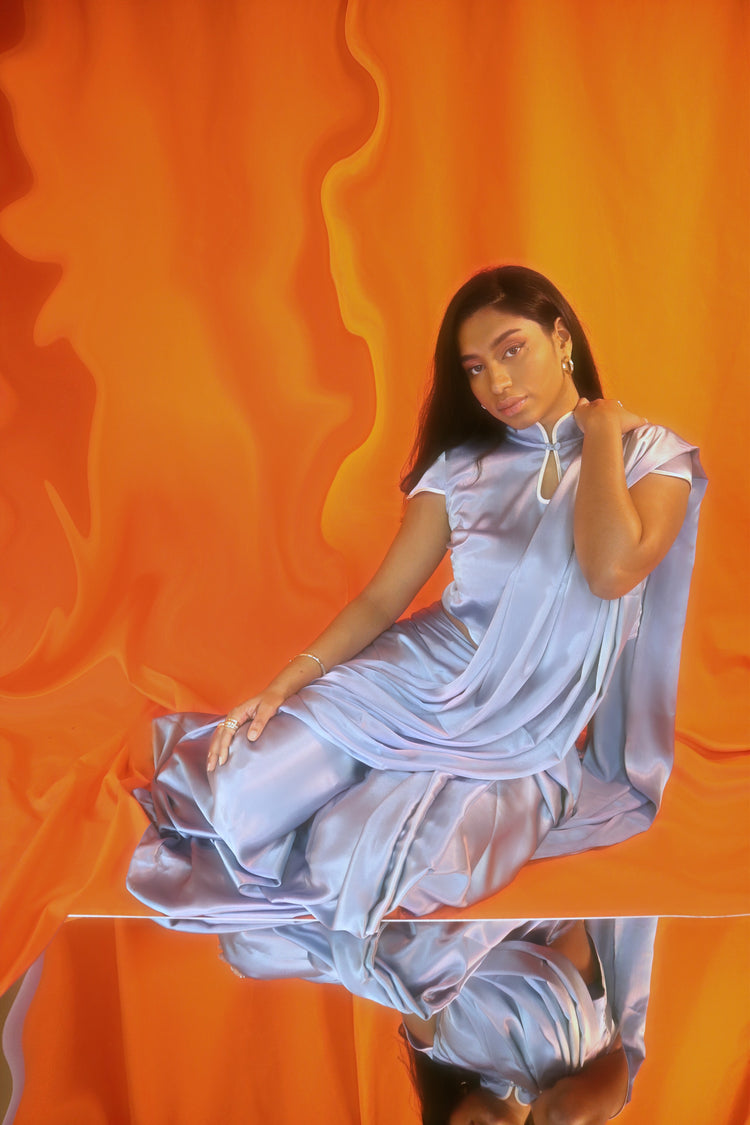 Light Blue Short Sleeve Mandarin Collar Satin Top