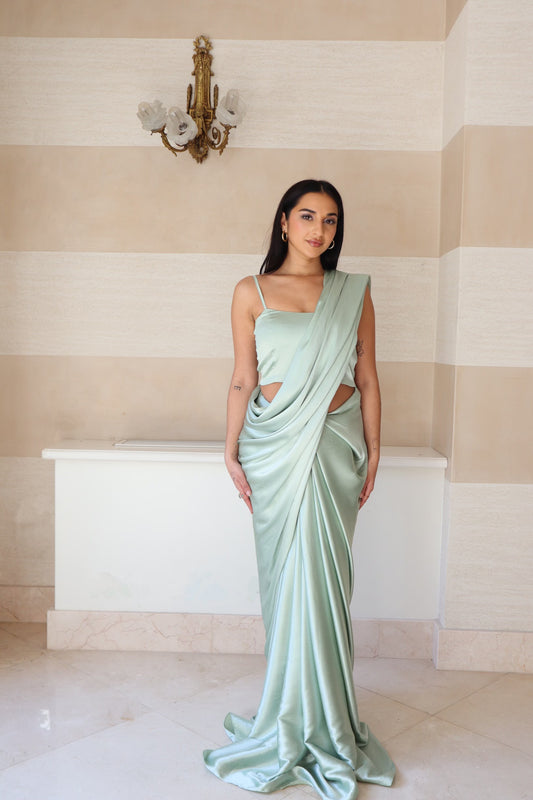 SAGE GREEN SPAGHETTI STRAP TOP AND SAREE