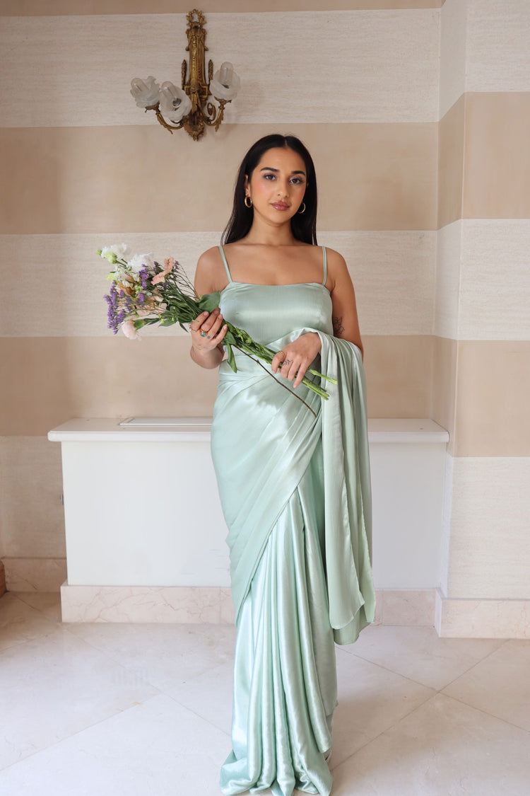 SAGE GREEN SPAGHETTI STRAP TOP AND SAREE