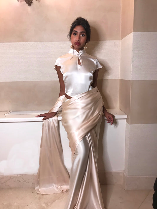 Cream Short Sleeve Mandarin Collar Satin Top