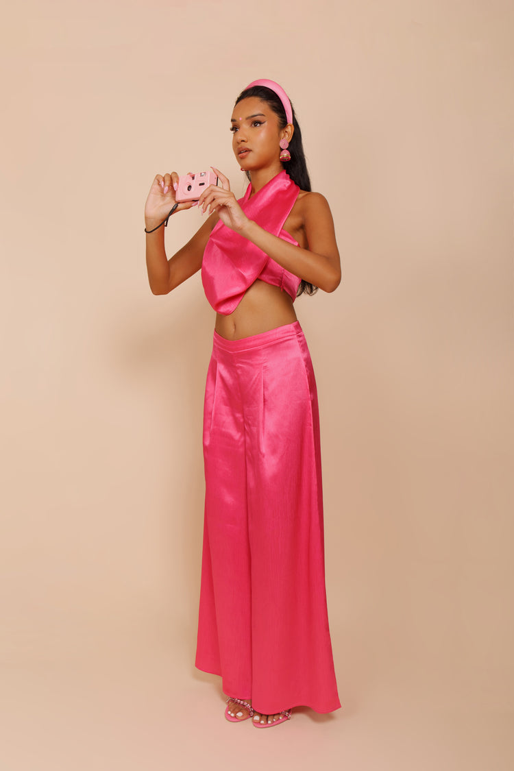 HOT PINK HALTER NECK DRAPE TOP