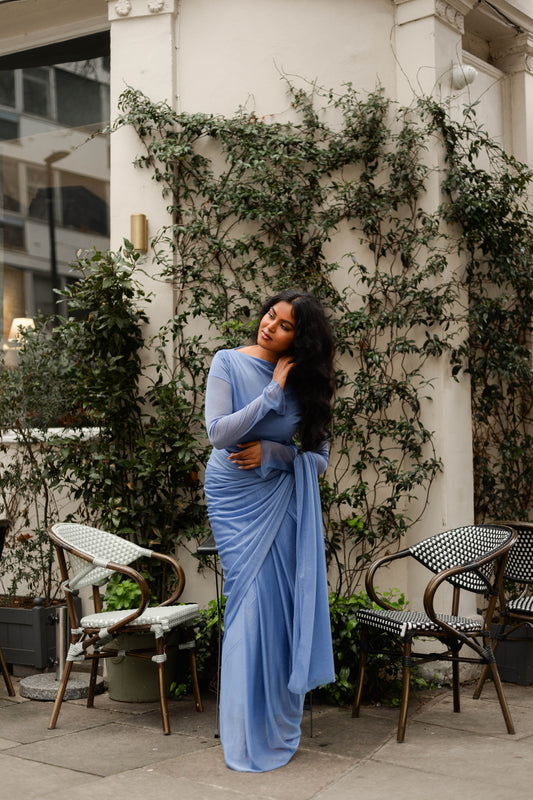 GLITTER SAREE LONG SLEEVE BLUE