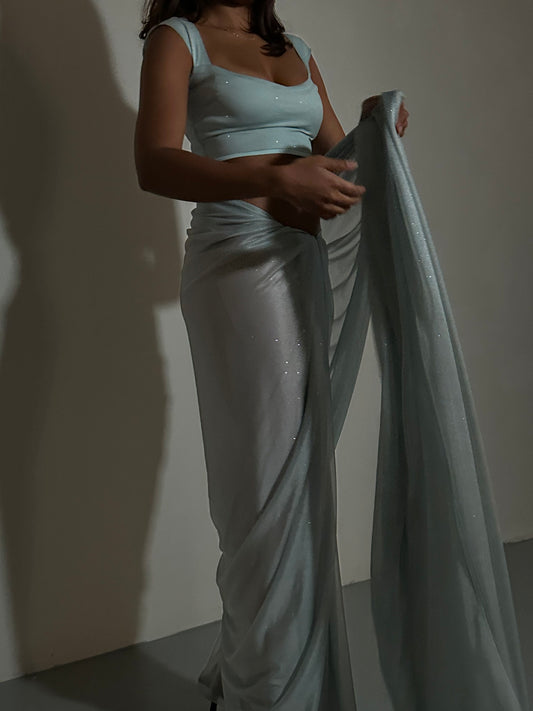 GLITTER SAREE SWEETHEART TOP LIGHT BLUE