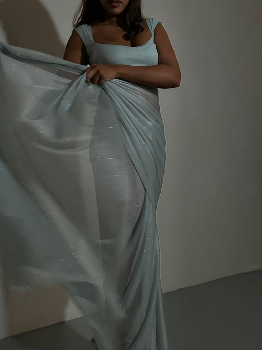 GLITTER SAREE LONG SLEEVE LIGHT BLUE