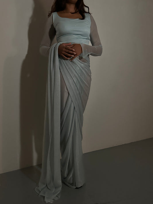 GLITTER SAREE LONG SLEEVE LIGHT BLUE