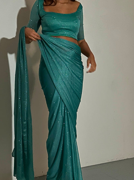 GLITTER SAREE HALF SLEEVE TOP GREEN