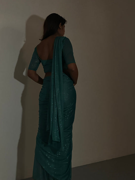 GLITTER SAREE HALF SLEEVE TOP GREEN