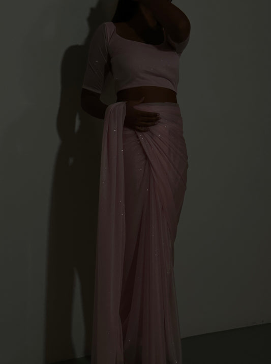 GLITTER SAREE HALF SLEEVE TOP LIGHT PINK