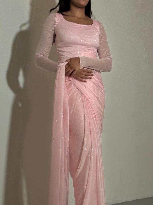 GLITTER SAREE LONG SLEEVE LIGHT PINK