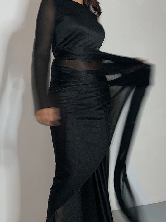 GLITTER SAREE LONG SLEEVE BLACK