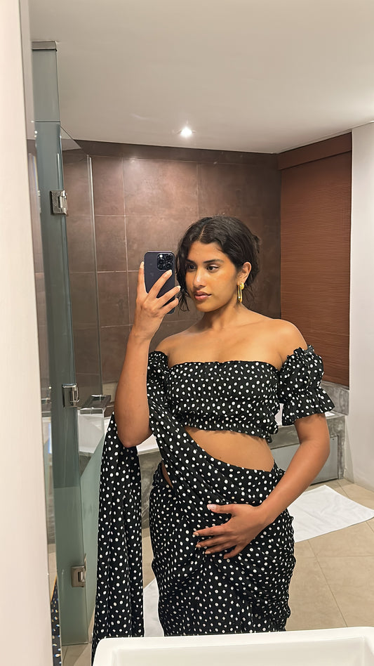 Black Polka Dot off Shoulder saree and blouse
