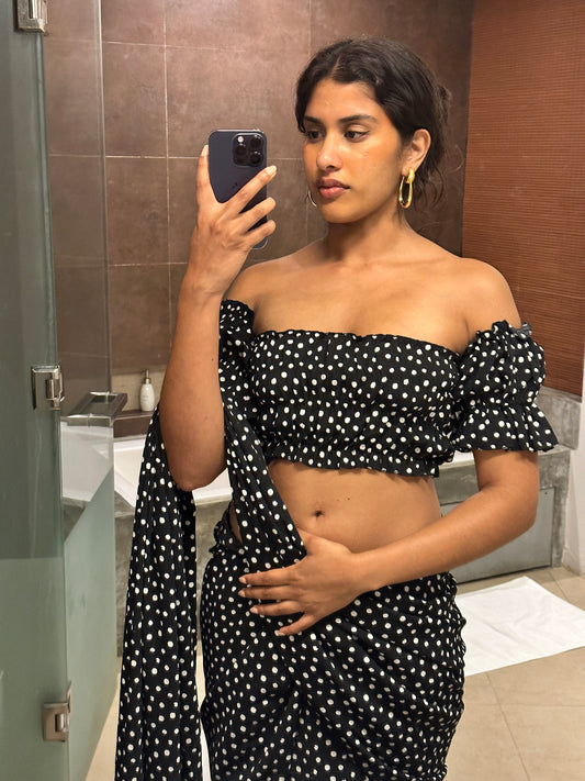 Black Polka Dot off Shoulder saree and blouse