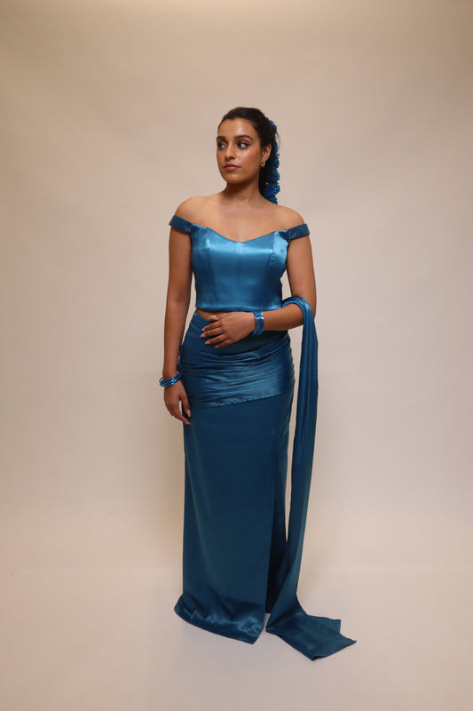 Turquoise Saree Drape Pleated Skirt