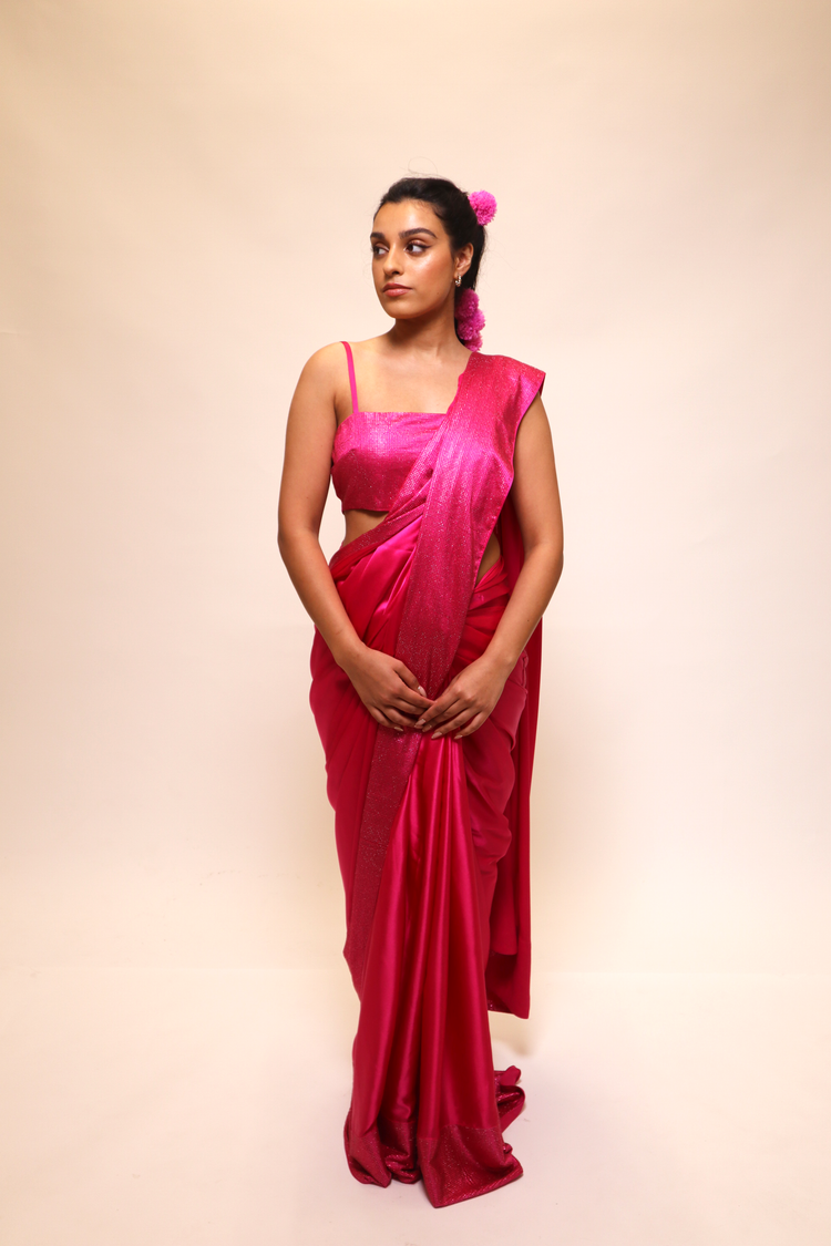 Magenta hotfix pre pleated saree - Premium Range